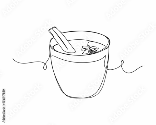 Continuous one line drawing of eggnog with spicy cinnamon for christmas style in silhouette on a white background. Linear stylized.