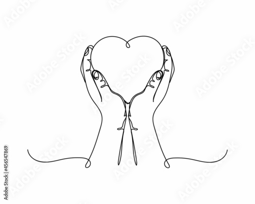 Continuous one line drawing of hands holding heart valentines day style in silhouette on a white background. Linear stylized.
