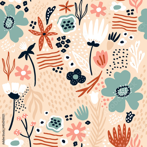 Seamless floral abstract pattern. Creative flower texture with flowers, berries, leaves. Great for fabric, textile vector illustration.