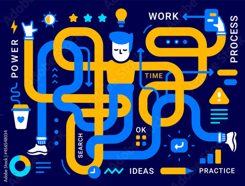 Vector Business Illustration of Man with Long Hands and Legs on Dark Color Background. Office Multitask Manager with Icon