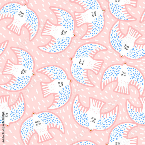 Seamless pattern with scandinavian style birds. Creative pink bird texture. Great for fabric, textile Vector Illustration
