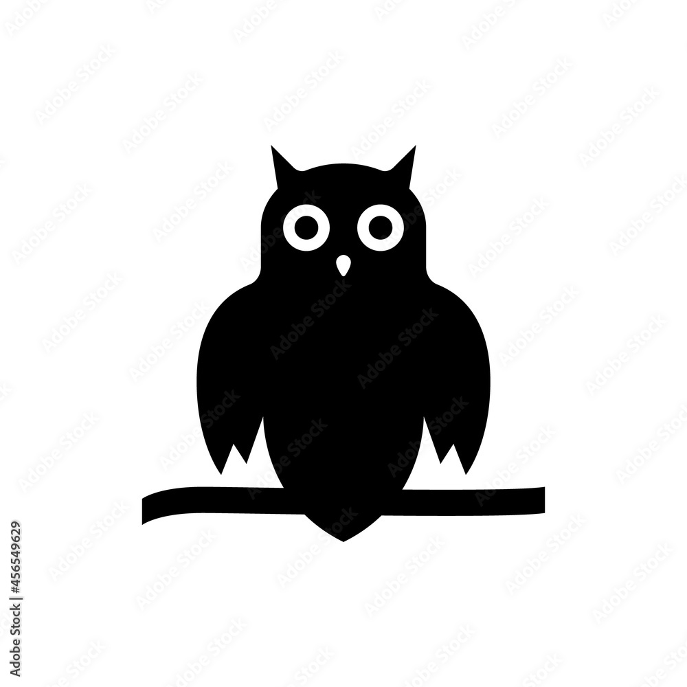 Fototapeta premium Spooky Black Owl with Round Eyes Silhouette Icon. Cute Wise Night Bird Sitting on Tree Branch Glyph Pictogram. Owl Symbol of Halloween and Wisdom Icon. Isolated Vector Illustration