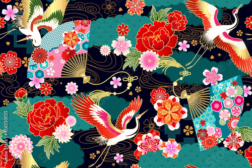 Seamless pattern with floral motives and cranes photo