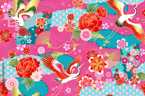 Seamless pattern with floral motives and cranes