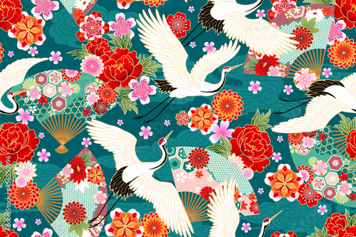 Seamless pattern with floral motives and cranes