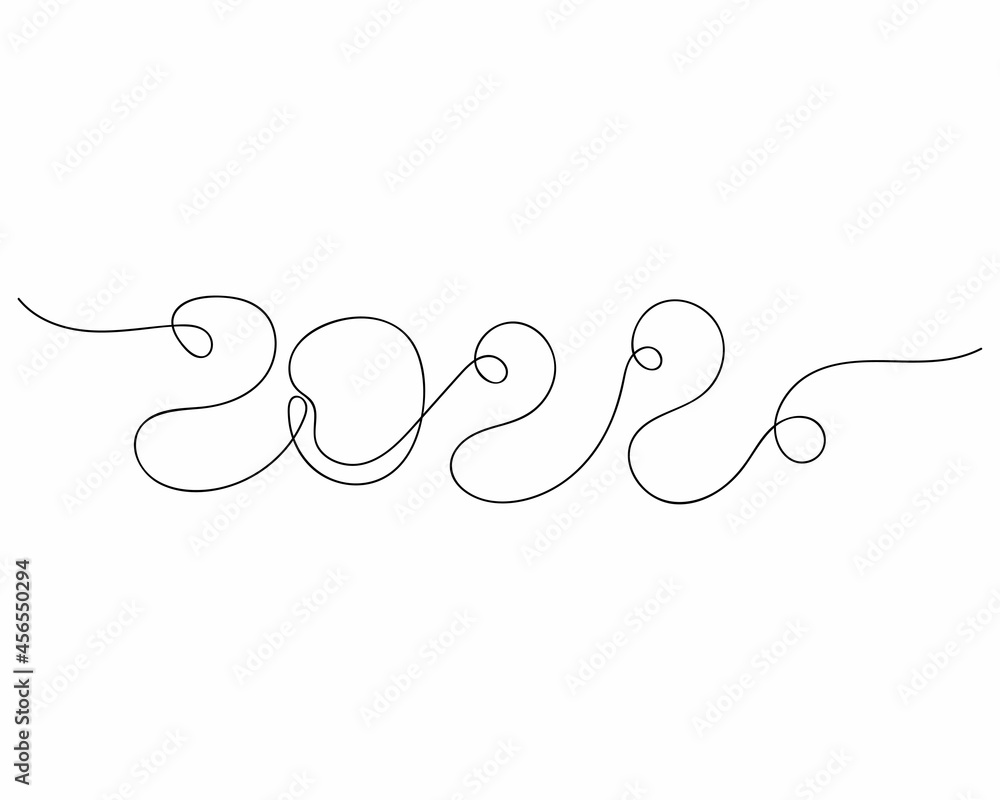 Continuous one line drawing of happy new year 2022 text in silhouette on a white background. Linear stylized.