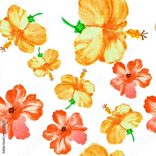 Red Hibiscus Illustration. Orange Seamless Print. Pink Flower Background. Yellow Watercolor Backdrop. Autumn Pattern Foliage. Red Tropical Palm. Summer Textile.