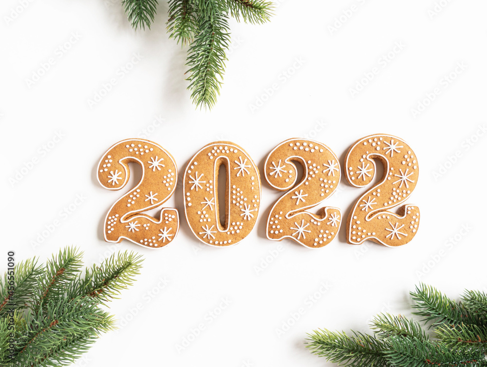 Gingerbread cookies in the form of numbers, gingerbread New Year 2022 and season festive decor