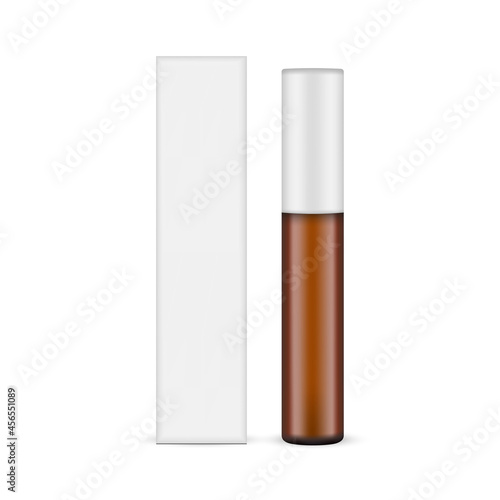 Dark Amber Glass Cosmetic Bottle Mockup with Paper Box, Isolated on White Background. Vector Illustration