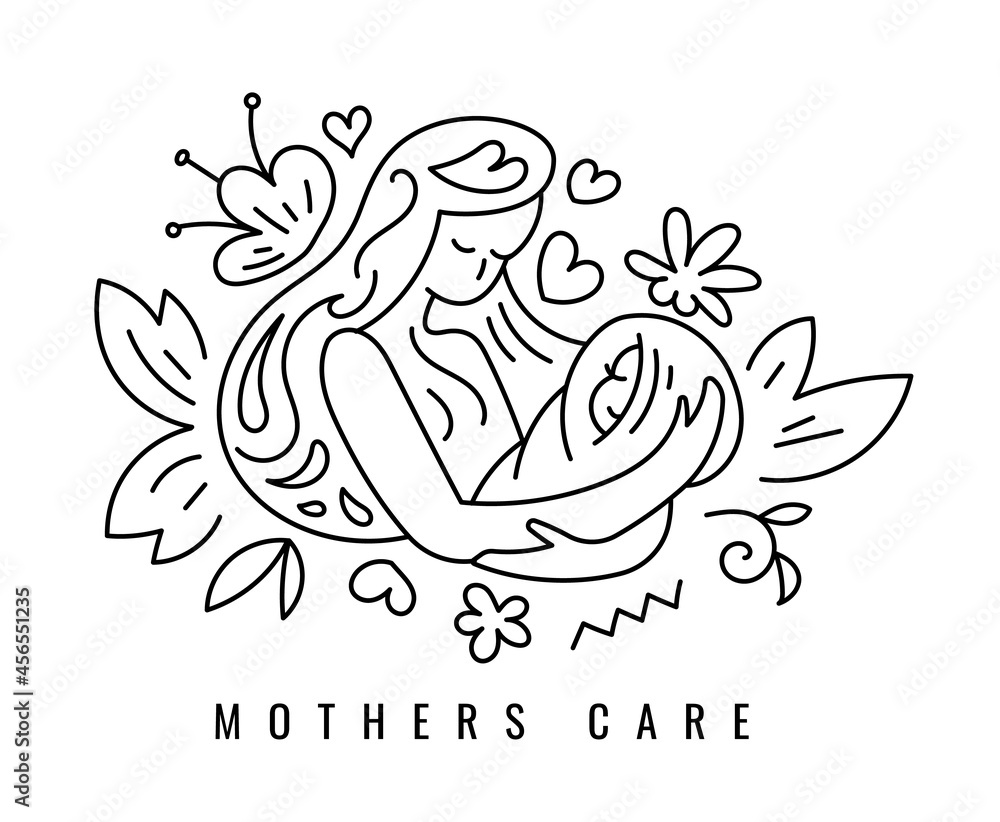 Obraz premium Vector Cute Black and White Logotype Mother Holding Baby in Arms with Flower. Line Art Style Design of Creative Logo Love Mothers with Child Care