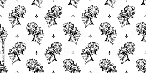 Vector Horizontal Seamless Pattern with Knight Head in Helmet on White Background. Black Line Art Flat Style Design of Medieval Knight Head