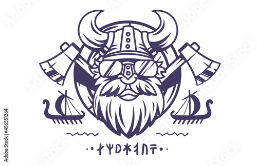 Vector Line Art Flat Style Design of Viking Logotype. Logo Viking Head in Helmet with Horns, Axe and Drakkar