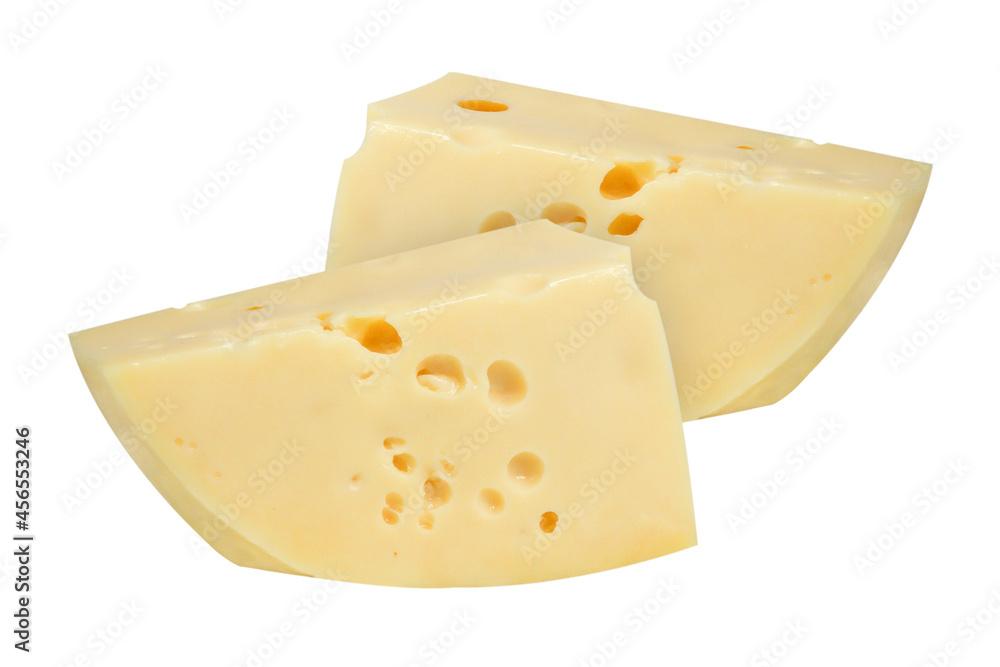 Maasdam cheese on an isolated white background. Maasdam cheese on an isolated white background.