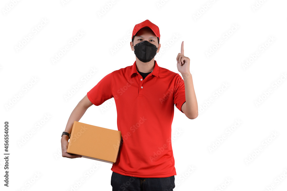 Delivery Concept with face mask in red cloth holding