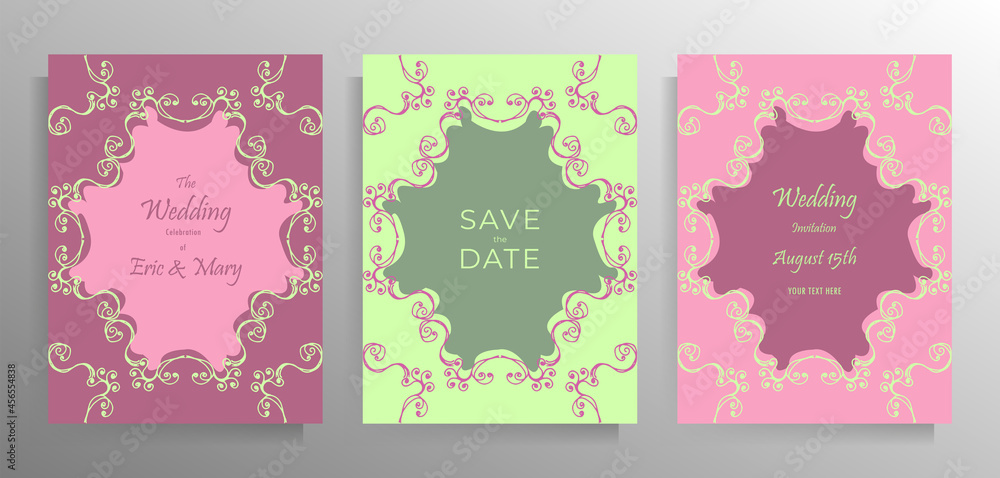 Design wedding invitation template set. Illustration in pastel colors with-hand drawn vintage frames. Vector.