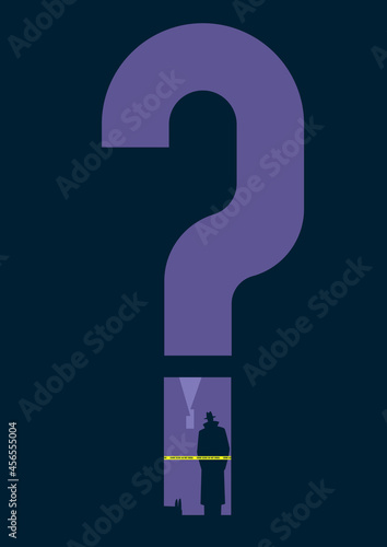 The doorway as the dot of question mark. Man wearing hat and coat looking at the victim on the floor.