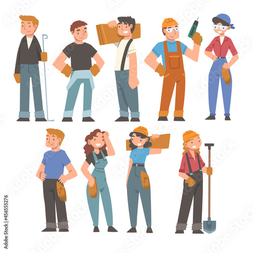 Handyman or Fixer as Skilled Man and Woman Engaged in Home Repair Work Vector Set