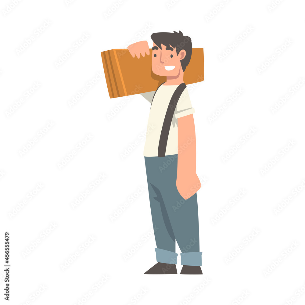 Handyman or Fixer as Skilled Man Carrying Wooden Plank Engaged in Home Repair Work Vector Illustration