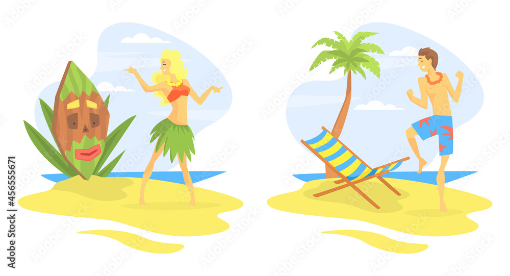 Hawaiian Party with Male and Female Dancing on Sandy Tropical Beach Vector Illustration