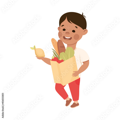 Cute Boy Doing Housework and Housekeeping Carrying Shopping Bag Vector Illustration