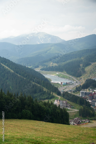 Polyanytsya, Ukraine - August 17th, 2021: View from the panoramic lifts of ski resort Bukovel at summer.