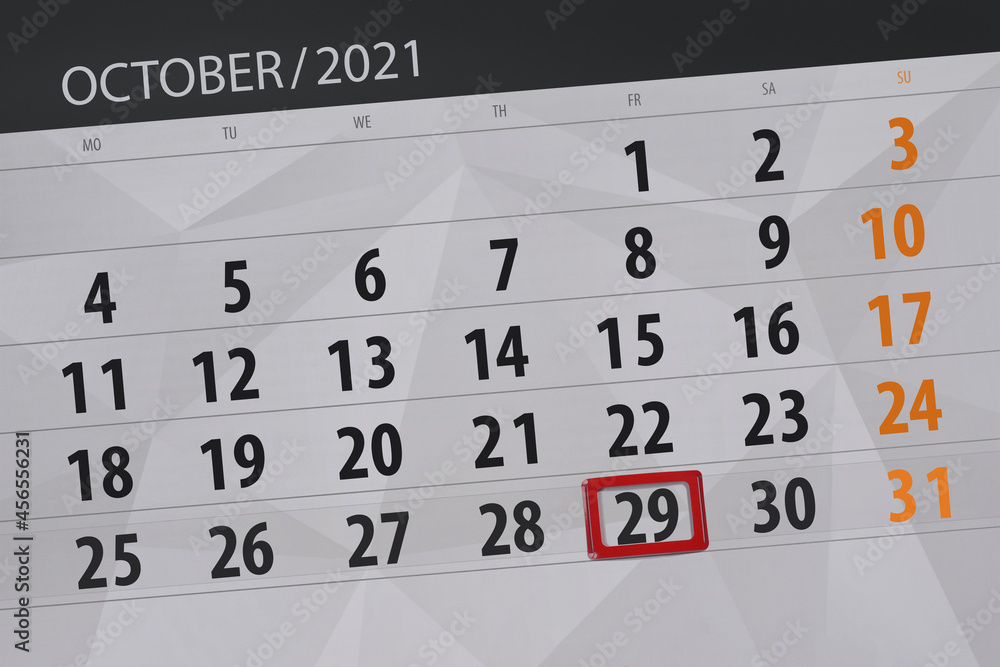 Fototapeta premium Calendar planner for the month october 2021, deadline day, 29, friday