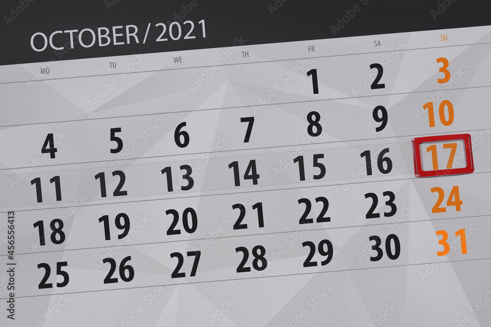 Fototapeta premium Calendar planner for the month october 2021, deadline day, 17, sunday
