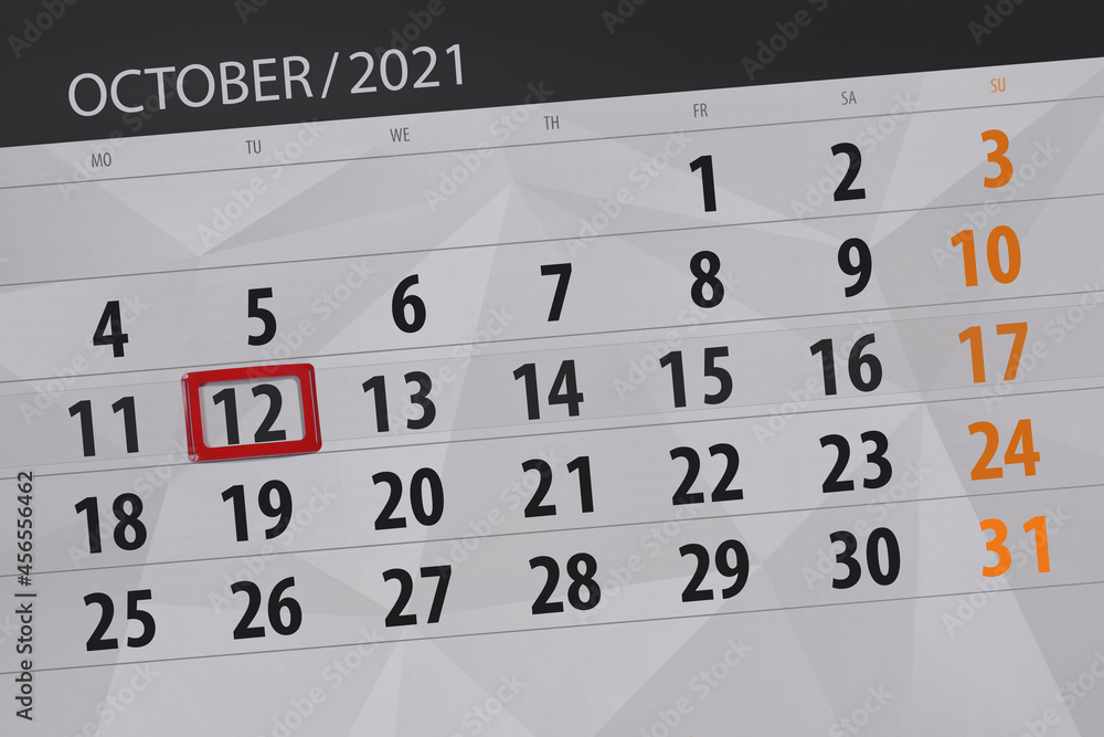 Fototapeta premium Calendar planner for the month october 2021, deadline day, 12, tuesday