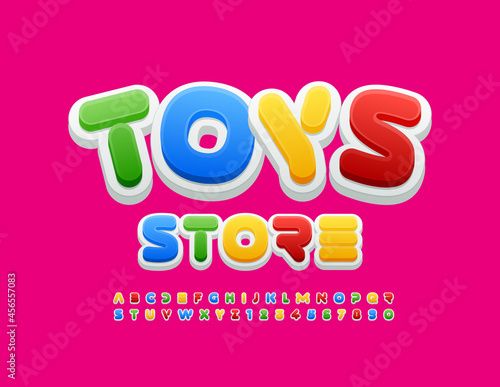 Vector playful logo Toys Store. Bright modern Font. Childish set of Alphabet Letters and Numbers photo