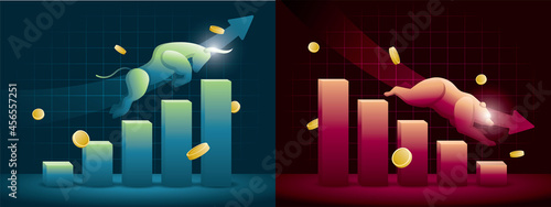 a bull is running up on upturn graph and a bear is running down on downturn graph. bullish and bearish market illustration vector