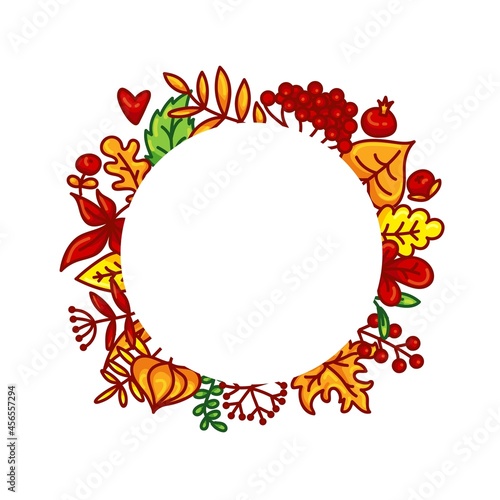Autumnal round frame. Wreath of autumn leaves. Background with hand drawn autumn leaves. Fall of the leaves. Sketch, design elements. Vector illustration.