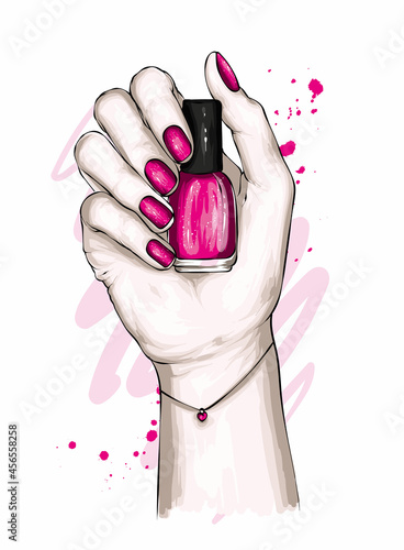 Beautiful female hands with stylish manicure and a bottle of nail polish. Vintage. Fashion and style, clothing and accessories, makeup.