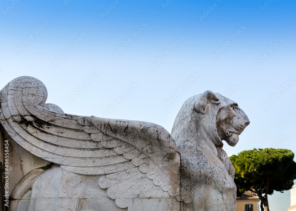 Winged lion  statue at the Altare della Patria (Altar of the Fatherland) in Piazza Venezi (Venice Square) in Rome, Italy