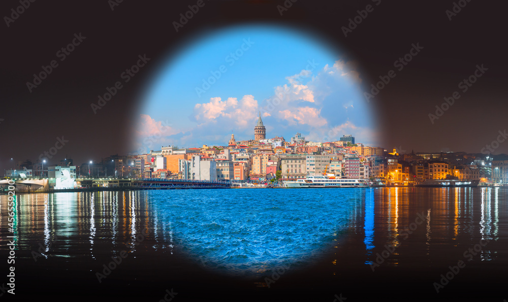 Day and Night Concept - Galata Tower, Galata Bridge, Karakoy district and Golden Horn at morning, istanbul - Turkey