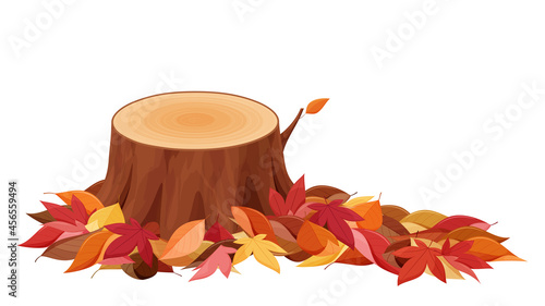 切り株の周りに積もった紅葉した落ち葉のイラスト