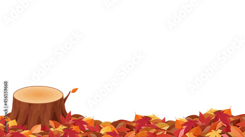 切り株の周りに積もった紅葉した落ち葉のイラスト_フレーム_16:9