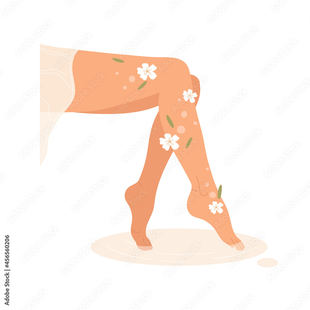 Pedicure spa. Woman soaking her feet in spa bowl with water flowers. Spa treatment concept. Vector illustration in cartoon style. Isolated on white background. Pedicure spa. Woman soaking her feet in spa bowl with water flowers. Spa treatment concept. Vector illustration in cartoon style. Isolated on white background.