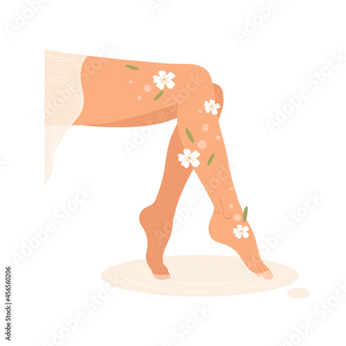 Pedicure spa. Woman soaking her feet in spa bowl with water flowers. Spa treatment concept. Vector illustration in cartoon style. Isolated on white background.