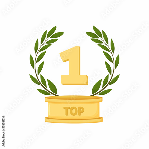 Vector golden number 1 and wreath. Golden award on pedestal, winner icon, success, reward sign symbol isolated on white.