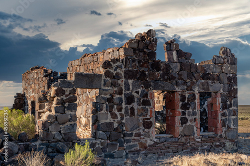 Stone building ruins in an Idaho desert summer