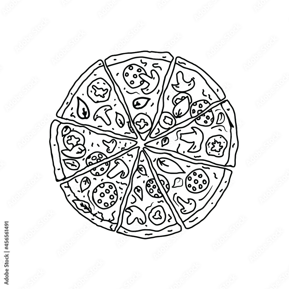 Pizza drawing, image for the menu. Cafe, pizzeria. Poster with slices of pizza.Black line drawing isolated on white .
