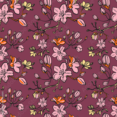 Colorful graphic floral vector seamless pattern on a light burgundy background. Stylized hand-painted garden lily and exotic flowers. Fashionable foliage print.