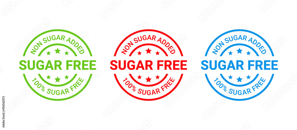 Sugar free stamp, icon. No sugar added label. Diabetic round sticker. Certified badge mark. Green, red, blue seal imprints isolated. Emblem for package product on white background. Vector illustration