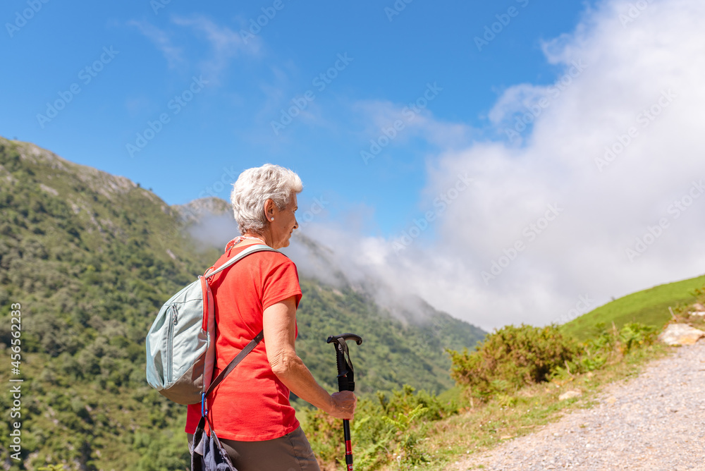 mature woman with gray hair hiking through the mountain mature woman with gray hair hiking through the mountain