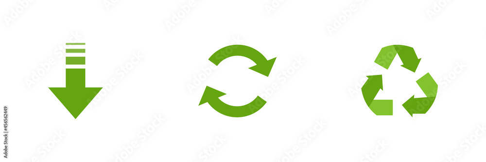 Conjunto de icono de reducir, reutilizar y reciclar. Concepto de cuidado y protección del medio ambiente. Ilustración vectorial, estilo silueta verde Conjunto de icono de reducir, reutilizar y reciclar. Concepto de cuidado y protección del medio ambiente. Ilustración vectorial, estilo silueta verde