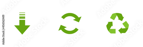 Conjunto de icono de reducir, reutilizar y reciclar. Concepto de cuidado y protección del medio ambiente. Ilustración vectorial, estilo silueta verde photo