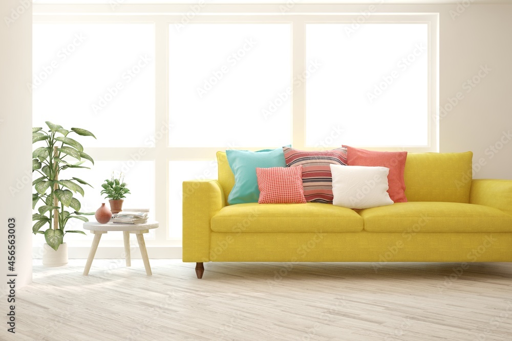 Fototapeta premium White living room with sofa. Scandinavian interior design. 3D illustration