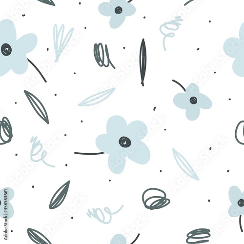 Seamless pattern with flowers and doodles