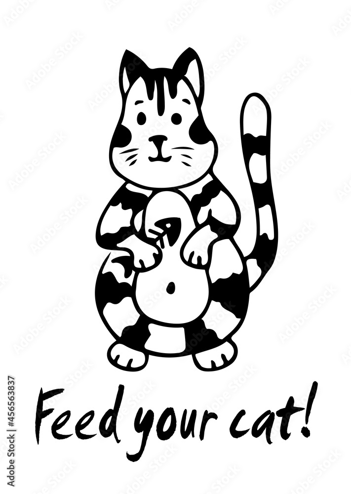 A funny hand-drawn cat character, a fat kitty holding a fishbone, Feed your cat reminder card