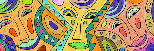 Funny mask, abstract people, clowns. Bright vector banner.